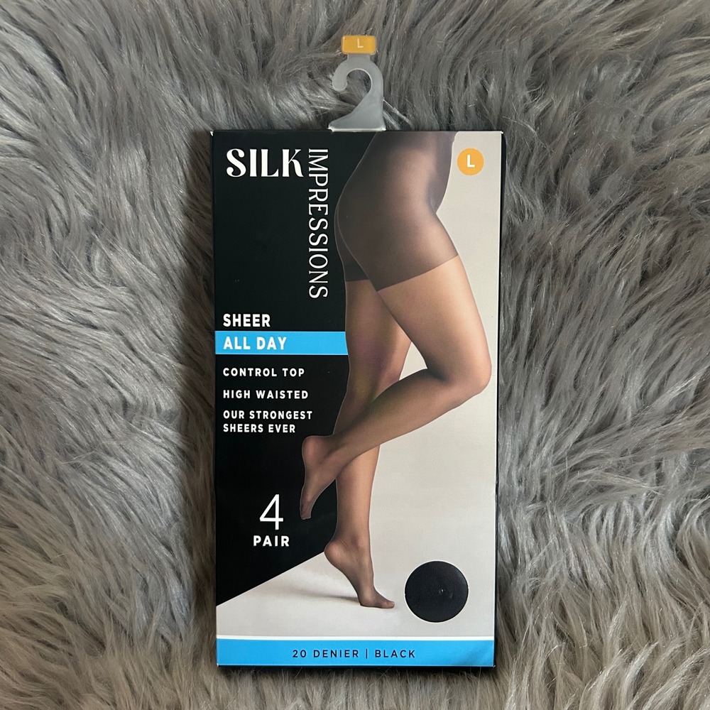 Silk Impressions Sheer Control Top Tights Womens Size Large Black High Waisted